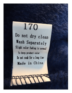 "Made in China," the Chinese size designation and the washing instructions are printed on the neck label