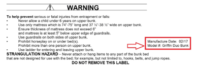 Griffin Duo Bunk Bed Product Label Located on Footboard