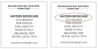 Recalled Hayden Bookcase label