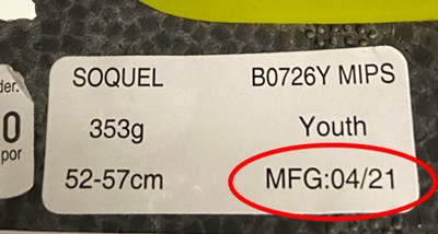 Recalled Bell Soquel Youth Helmet Label