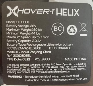 Hover-1 Helix label on the bottom of the hoverboard