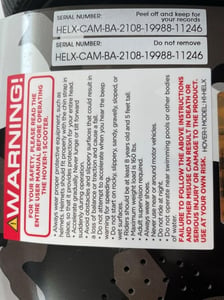 Hover-1 Helix serial number label on the bottom of the hoverboard