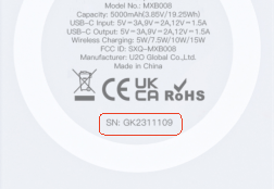 Recalled iWALK Power Bank Model MXB008 (serial number on the back)