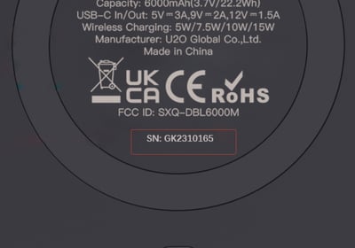 Recalled iWALK Power Bank Models DBL6000M/DBL6000P (serial number on the back)