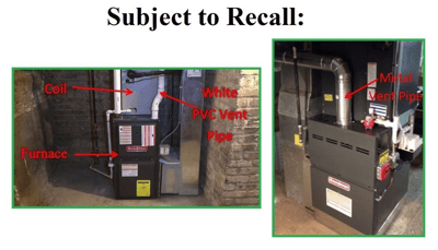 Furnace configurations for recalled evaporator coil drain pans showing an up-flow coil configuration