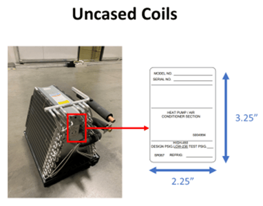 Location of label showing serial number on uncased evaporator coils