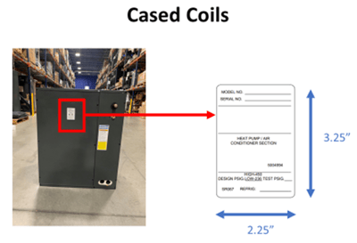 Location of label showing serial number on cased evaporator coils