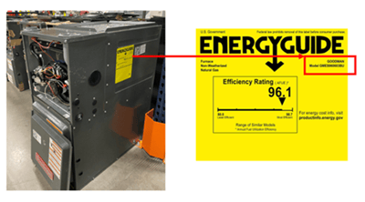 Location of Energy Guide label showing furnace brand and model number