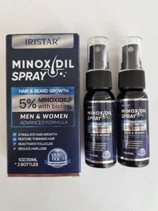 Recalled Iristar Minoxidil Spray Bottles with packaging