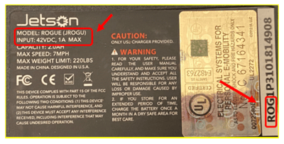 Labels on bottom of recalled Jetson Rogue Self-Balancing Scooter/Hoverboard show UL certification and serial number (they do not show a barcode)