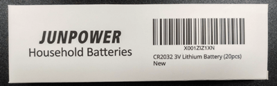 Recalled Junpower CR2032 Lithium Coin Batteries and Packaging with "X001ZIZ1XN" printed on the back of package