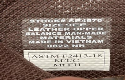 Recalled boots manufacture date code label
