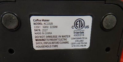 Model "KC101B" is printed on a sticker on the underside of the recalled Kidisle coffemaker