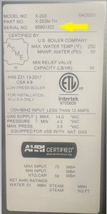 Rating Plate with arrow to serial number and model information