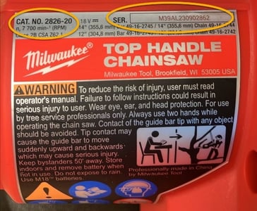 Recalled Milwaukee M18 FUEL Top Handle Chainsaw (catalog/serial number label)