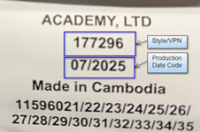 "ACADEMY, LTD," "177296" and the manufacture date 07/2025 or 08/2025 are printed on the tracking label sewn onto the arm of the chair