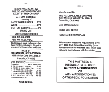 Recalled Eco Terra Hybrid Latex Mattress Label