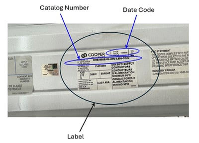 Recalled Metalux Optimized High Bay (OHB) LED Light Fixture (Catalog Number and Date Code Label)