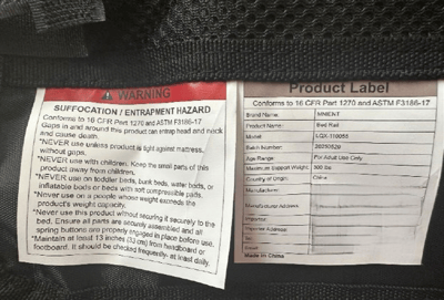 Recalled MNIENT Adult Portable Bed Rail (product label)