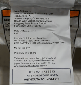Model number and date of manufacture tag