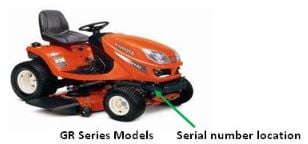 Picture of recalled T and ZG Riding Mower Series Models showing location of serial number