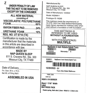 Nap Queen Sleep, "Victoria Hybrid," the model number, and manufacture date appear on a white label sewn onto the mattress cover