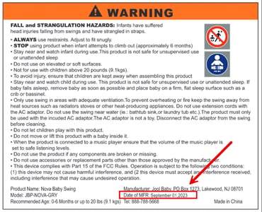 Model JBP-NOVA-GRY and the manufacture date are printed on the sewn-in warning label on the back of the swing's seat