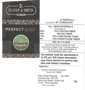 Recalled Oliver & Smith 6-inch Mattress side seam labels