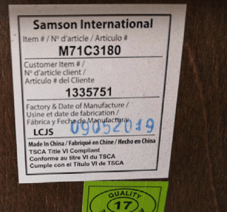 Recalled Universal Broadmoore Cayden Gentleman's 9-Drawer Chest Date Code Label