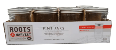 12-pack of Recalled Roots & Harvest Wide Mouth Pint Canning Jars - side view