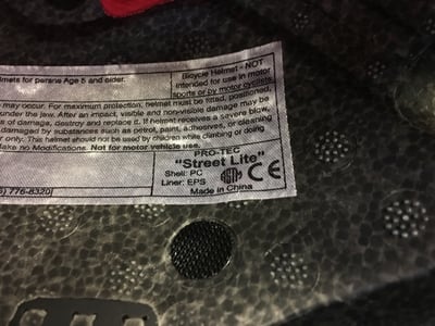 Pro-Tec Street Lite helmet label.