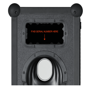 Close-up of serial number location printed on the slot-in compartment on the side of the speaker