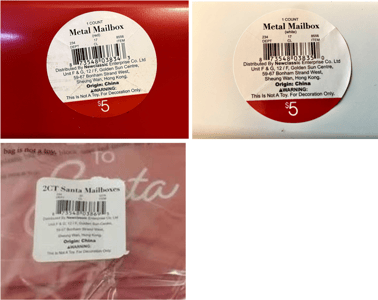 Recalled Bullseye's Playground Letters to Santa Metal Mailbox product labels