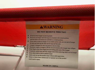 Recalled Beach Loungers - Representative label