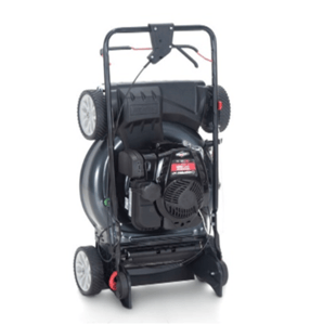 Recalled Troy-Bilt SpaceSavr™ Walk-Behind Self-Propelled Lawn Mower in vertical storage position
