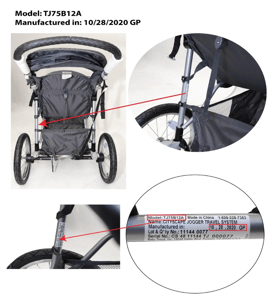 Recalled Cityscape Travel Systems Stroller Model TJ75B12A in "Moonstone" Label Location