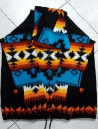 Recalled Native Creation Small Wool Sweater, black base with multi-colored patterns