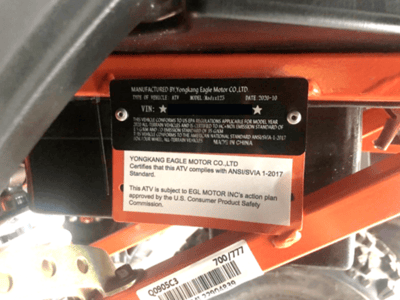 Model number plate for recalled EGL MADIX 125 Youth ATV