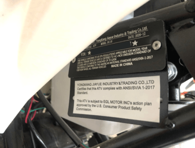 Model number plate for recalled ACE D110 Youth ATV