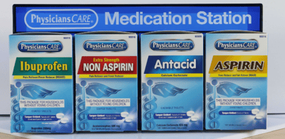 Recalled PhysiciansCare Medication Station with outer station includes Ibuprofen, Extra Strength Non Aspirin, Antacid and Aspirin in 50 Tablets (25 Packets, 2 tablets each)