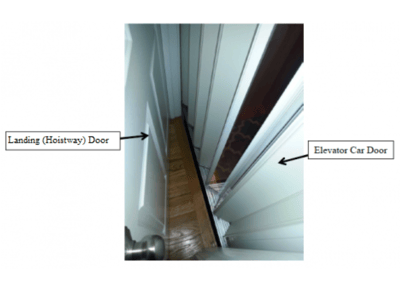 Residential Elevator with Space Between the Exterior Landing (Hoistway) Door and Interior Elevator Car (Accordion) Door. A young child can become entrapped if there is a hazardous gap between the doors