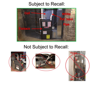 Recalled evaporator coil drain pans installed with condensing gas furnaces