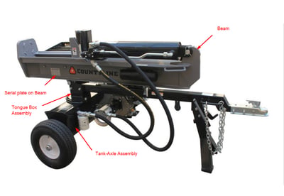 The model and serial numbers can be found on a label located on the beam of each log splitter.