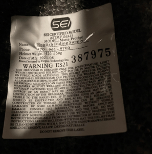 SEI certification label inside the helmets