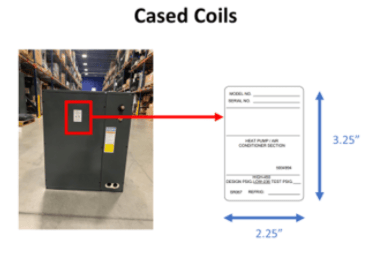 Location of label showing serial number on cased evaporator coils