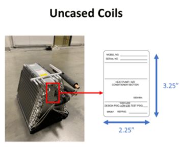 Location of label showing serial number on uncased evaporator coils