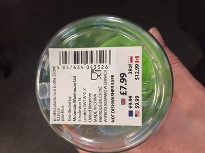 Location of price sticker on water bottle