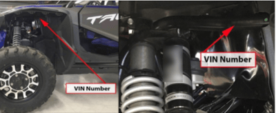 VIN location and example for recalled Honda Talon 1000 recreational off-highway vehicle