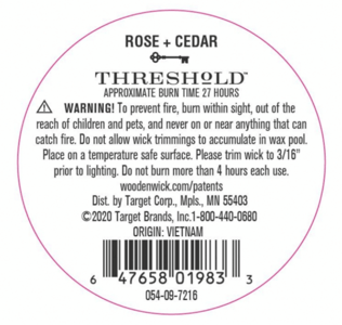 Recalled Threshold Candle Product Label Example Located on the Bottom of the Glass Jar