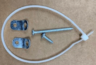 Recalled New Age tip restraint kit with plastic zip-tie, 2 brackets, and 2 screws